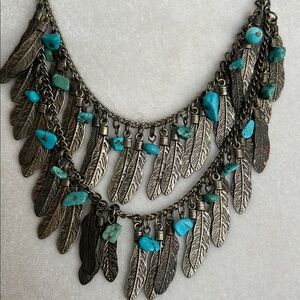 Layered feathers/turquoise beads costume necklace.
